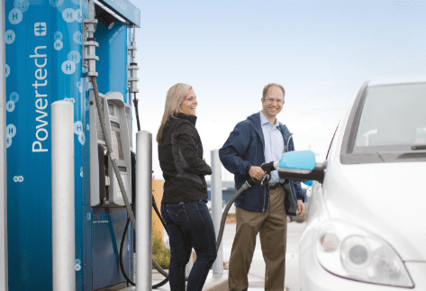 Man refueling a hydrogen-powered vehicle at a Powertech hydrogen fueling station while smiling with a woman nearby, representing clean energy transportation, zero-emission vehicles, and sustainable hydrogen fuel technology.